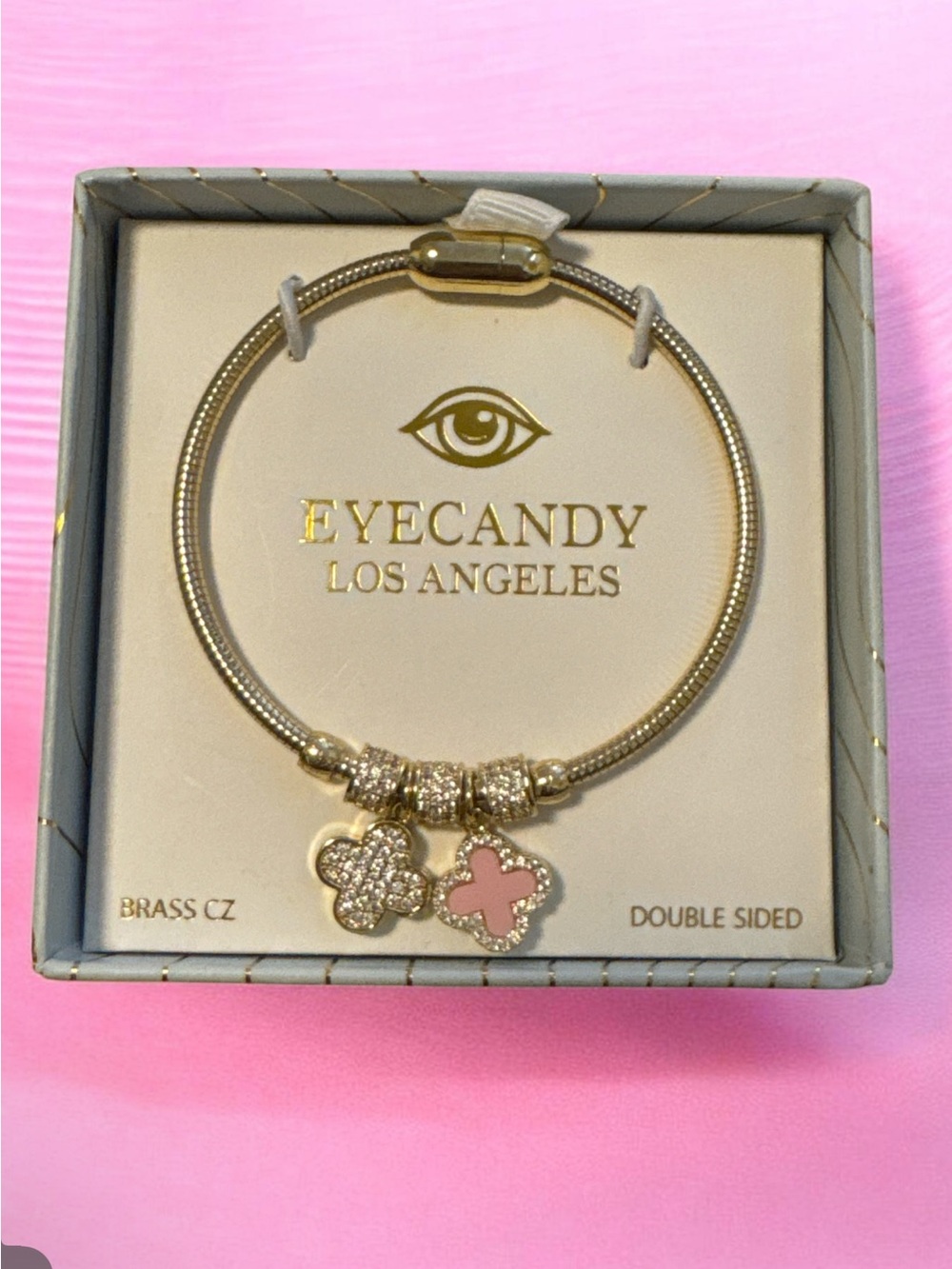 EyeCandy Los Angeles Gold Bracelet with Pink Enamel & CZ Clover Charms